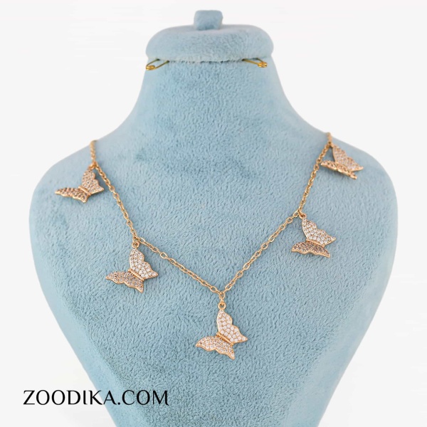 گردنبند پروانه ای ژوپینگ مجلسی خفن نگین دار طلایی گردنبند پروانه ای ژوپینگ مجلسی خفن نگین دار طلایی